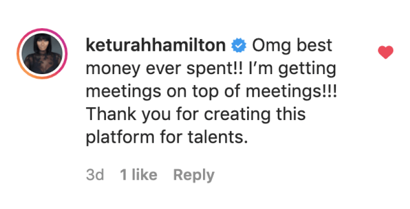 Review from keturahhamilton: Omg best money ever spent!! I'm getting meetings on top of meetings!!! Thank you for creating this platform from talents.